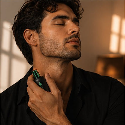Man applying perfume to his neck